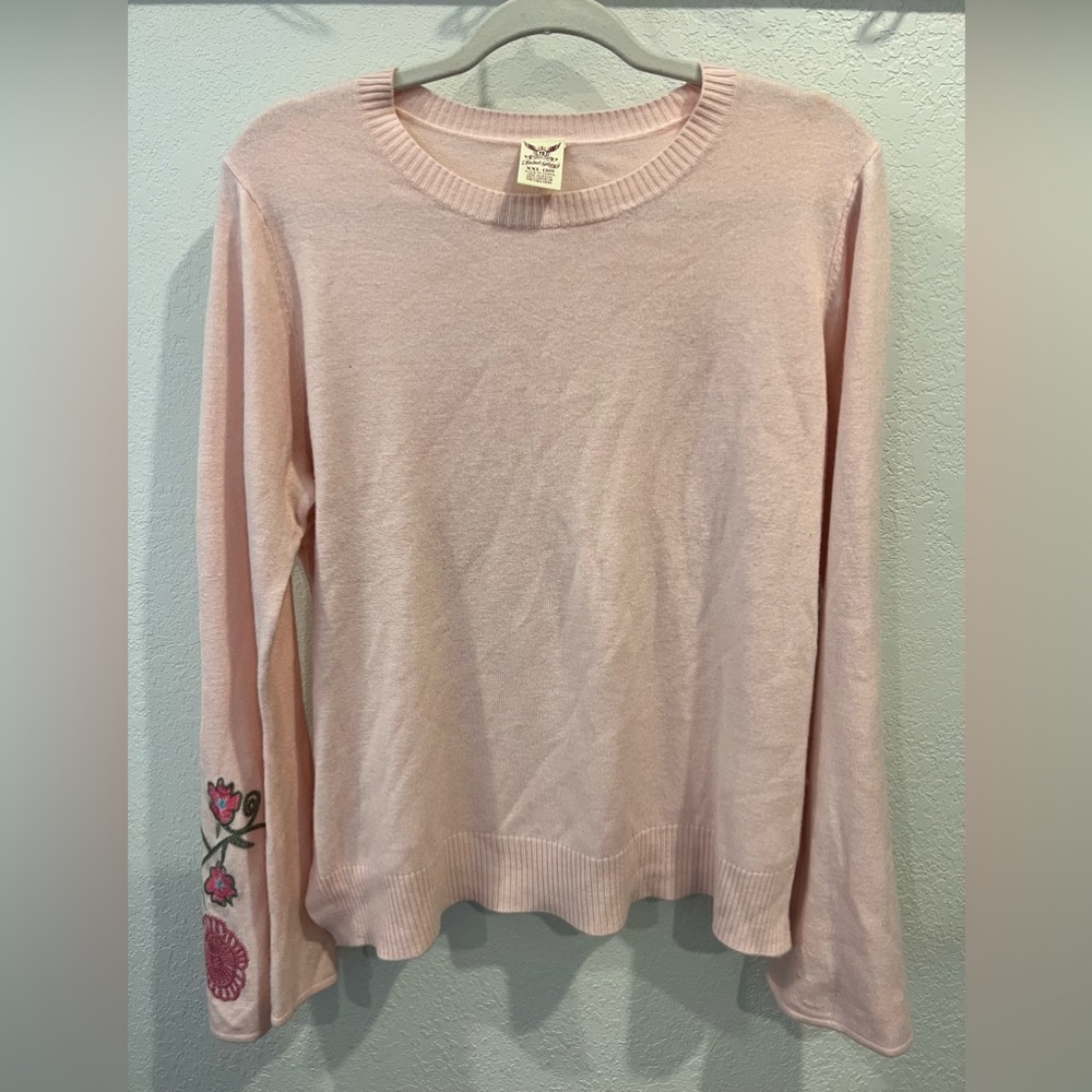 Faded Glory sweater, pink, bell sleeve, flower-detailed. 100% acrylic